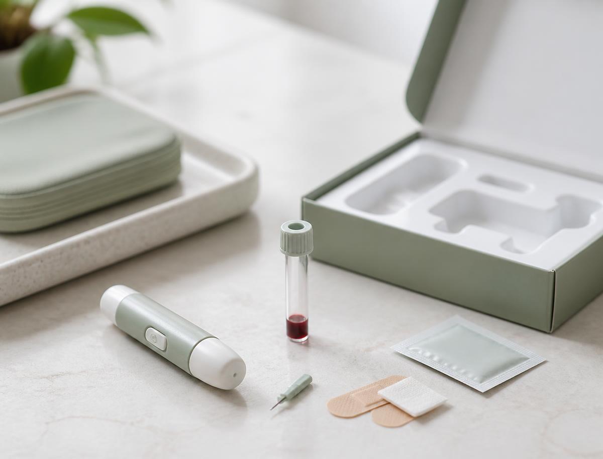 At-home blood test kit laid out neatly on a pale stone surface