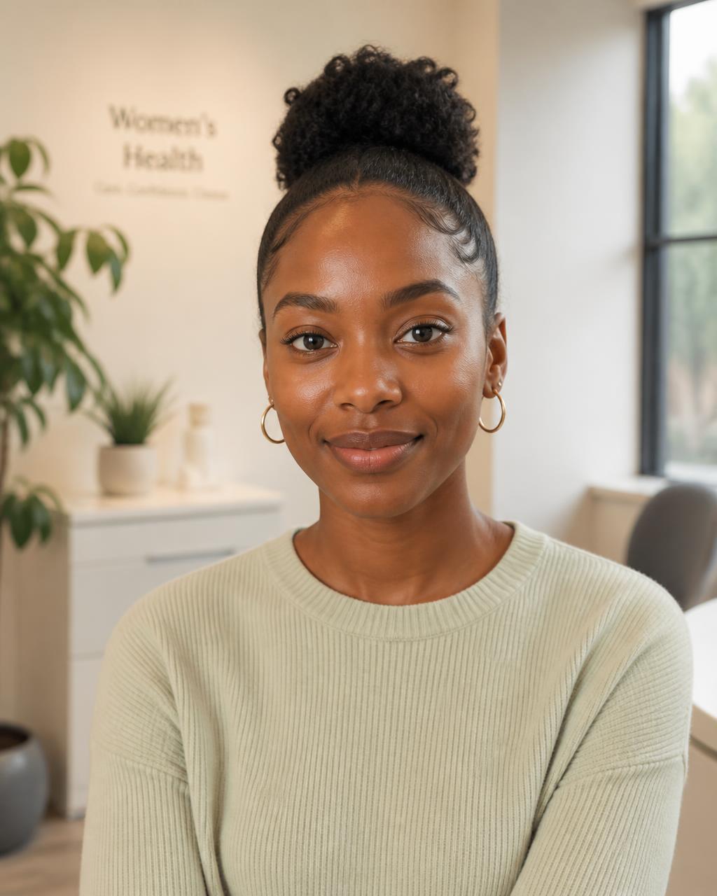 Young trendy Black woman looking confidently at the camera in a modern women's health clinic