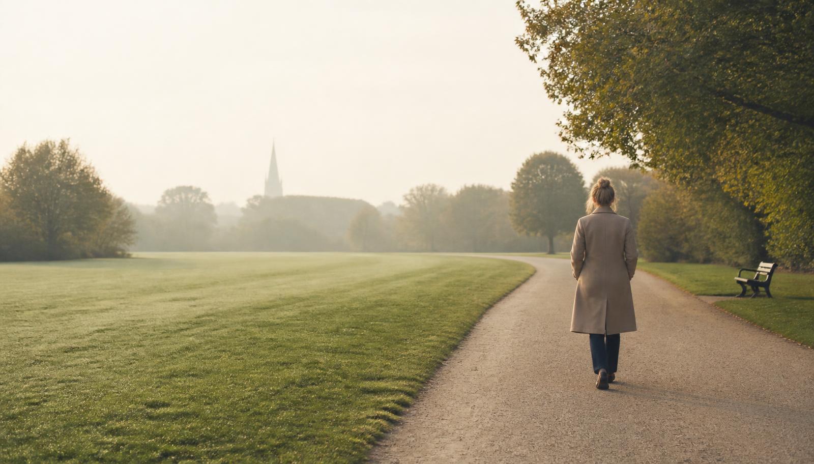 Woman walking along a tree-lined park path in golden evening light